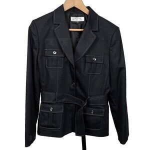 Tahari Arthur S. Levine Dark Gray Preppy Blazer 12 Tailored Belted Jacket Career